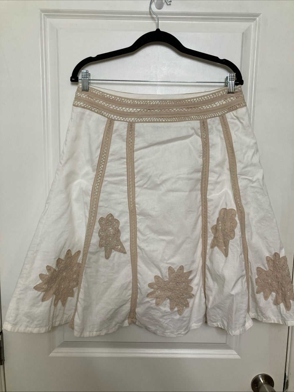Women's White A-Line Skirt with Beige Floral Appliqué